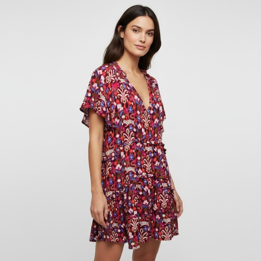 Anthropologie Ikat Floral Tiered Mini Dress Pink Red‎ Flutter Sleeve Womens L